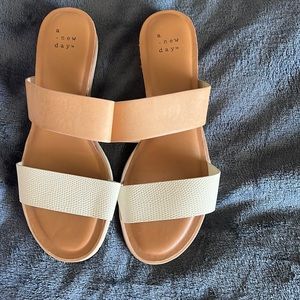 Cream and Tan Slide On Sandals